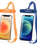 IPX8 Waterproof Phone Pouch 2 Pack With Lanyard For Beach Day Travel And Cruise 8.5 Inch Dry Bag Case Fits iPhone 17 16 15 Pro Max And Galaxy S26 S25 Ultra Submersible Up To 30 Meters Sandproof Water Safe Phone Protector in orange and navy colors