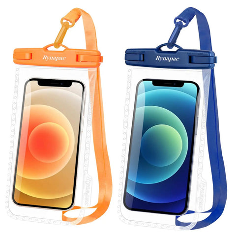 IPX8 Waterproof Phone Pouch 2 Pack With Lanyard For Beach Day Travel And Cruise 8.5 Inch Dry Bag Case Fits iPhone 17 16 15 Pro Max And Galaxy S26 S25 Ultra Submersible Up To 30 Meters Sandproof Water Safe Phone Protector in orange and navy colors
