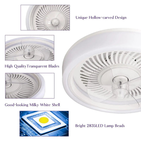 Bladeless 20 Inch Ceiling Fan With Remote Control Lights, 3 Color Temperatures, highlighting unique hollow design and LED lamp beads