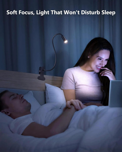 LED Desk Lamp With Clamp For Home Office And Reading, 12 Inch Flexible Gooseneck, illuminating woman on bed with laptop