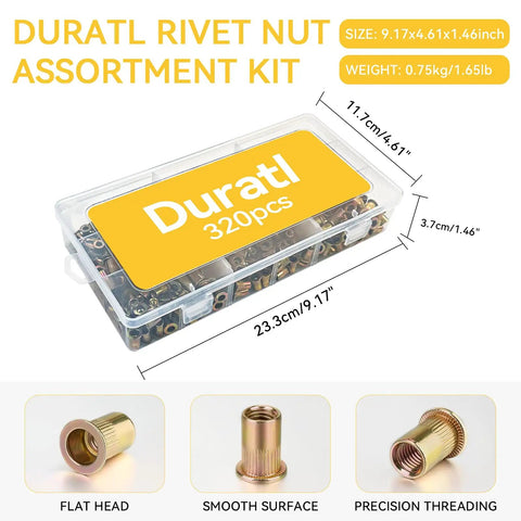 Complete Rivet Nut Tool Kit Features 320 Piece Metric and SAE Threaded Insert Set With Flat Head Knurled Barrels Forged From Shop Grade Carbon Steel Rigged up for the Daily Garage Hustle in a clear storage case.