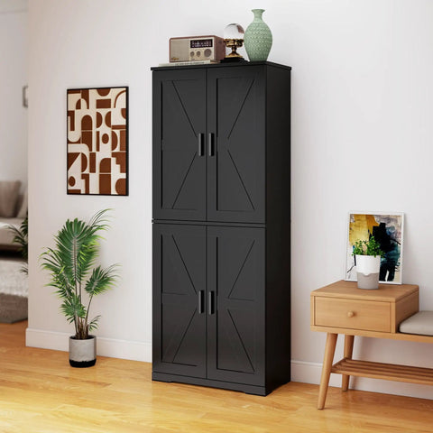 Boss Black Wood Storage Cabinet With Four Doors And Adjustable Shelves in a modern living room setting
