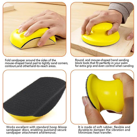 Five Pack Sanding Blocks Set With Round And Mouse Shapes, Hook And Loop Sanding Block Kit shown in use, highlighting ergonomic grip.