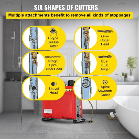 Six types of cutters for Heavy Duty Handheld Electric Drain Auger Kicks Serious Sink And Toilet Plug Ups Fast.