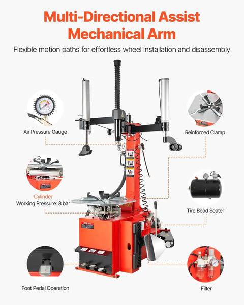 Multi-directional assist arm of Electric Tire Changer And Balancer Combo with 18 inch spindle and 2HP motor.