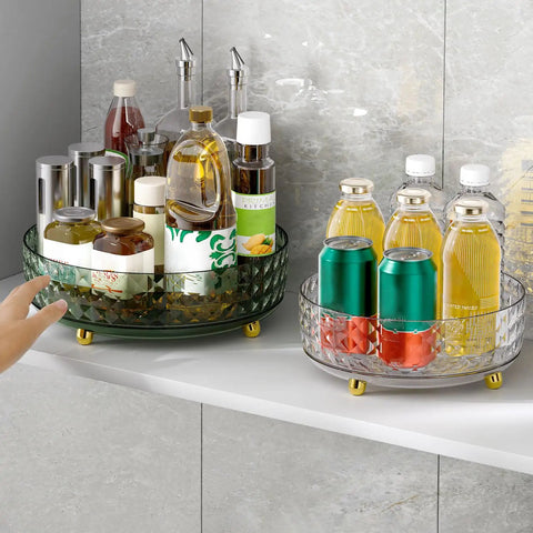 Non Slip Lazy Susan Turntable 9 Inch Clear One Tier Spinning Organizer for Kitchen Pantry Cabinet and Refrigerator, 360 Degree Rotating Spice Rack with beverages and oils displayed, two units on a shelf