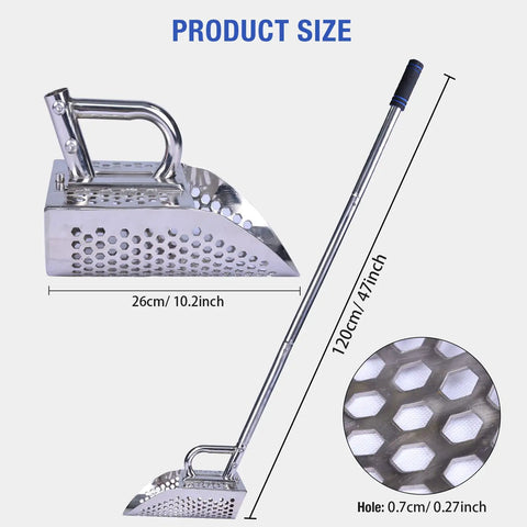 Stainless Steel Sand Scoop For Metal Detecting Adjustable Handheld Treasure Hunter Shovel with size dimensions and hole detail.