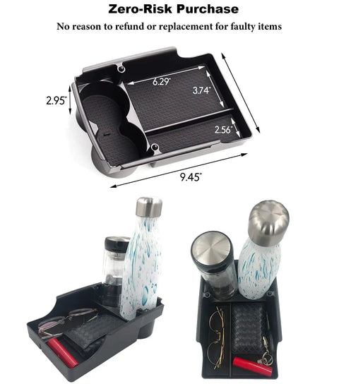 Tesla Model S X Center Console Organizer With Armrest Storage Box And Cup Holder For 2016 To 2021 Models with items displayed