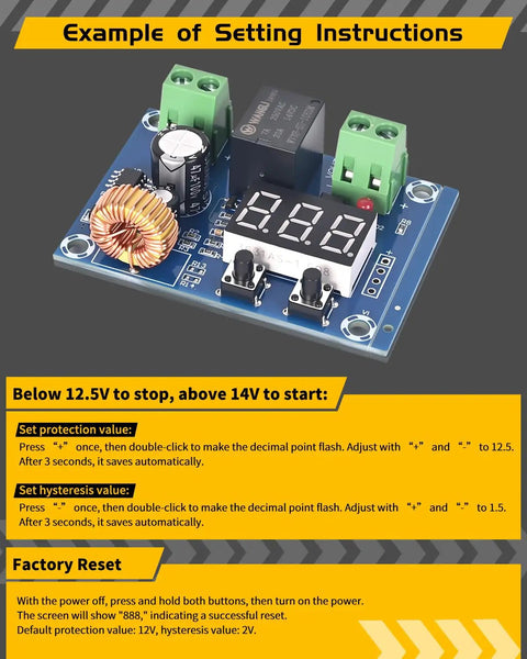 Setting instructions for Rock Solid 12 To 36 Volt Dc Voltage Protection Module With Digital Low Voltage Disconnect Switch.