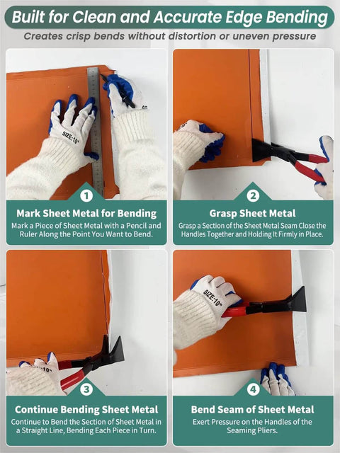 Steps to use 3 Piece Hand Seamers Sheet Metal Tools With Straight Jaw 45 Degree Jaw And 90 Degree Jaw for precise metal bending.