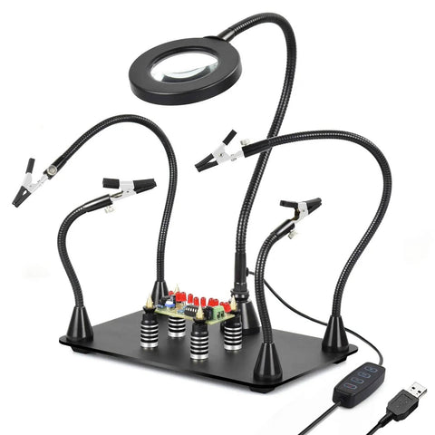 Magnetic Helping Hands with Three LED Magnifying Lamp, flexible gooseneck arms, heavy duty base for electronics repair