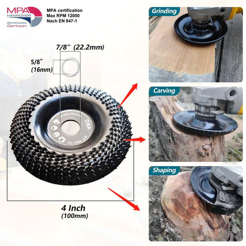 4 Inch Wood Shaping Wheel for Angle Grinders With 5/8 Inch Arbor and 7/8 Inch Conversion Ring Included, usage examples shown