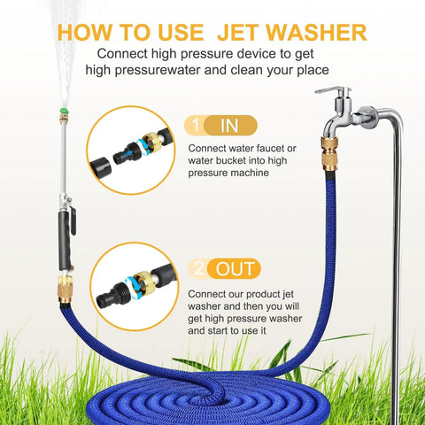 7 In 1 High Pressure Hose Nozzle With 0 To 65 Degree Adjustable Spray for Jet Stream and Wide Fan connected to faucet