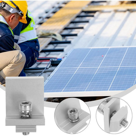 12 Piece Top Shelf M8 Aluminum Alloy Solar Panel Mid Clamps Heavy Duty outdoor installation with aluminum clamp securing solar panel.