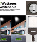 Switchable 240W 300W LED Parking Lot Light With Photocell Sensor 5000K showing wattage options and installation