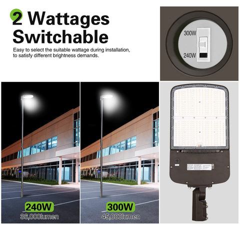Switchable 240W 300W LED Parking Lot Light With Photocell Sensor 5000K showing wattage options and installation