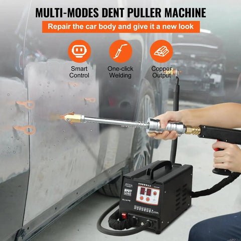 Pro Grade Dent Puller Welder Kit for Auto Body Repair in use on car panel, showing smart control and one-click welding.