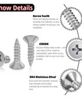 Rock Solid Hundred Pack Of Number 4 Flat Head Phillips Self Tapping Screws Crafted From Corrosion Resistant 304 Stainless Steel showing screw teeth and cross head design.