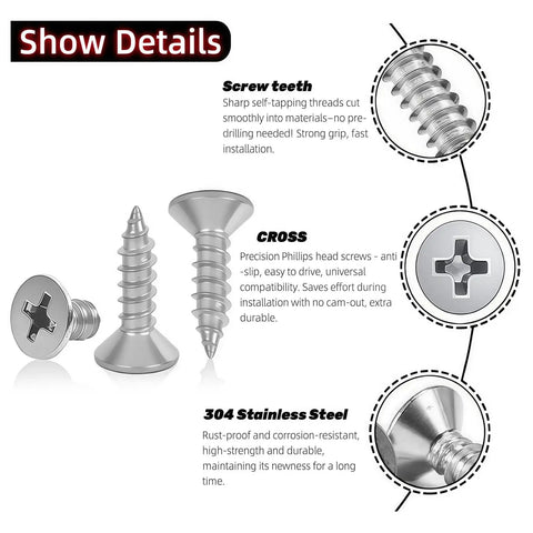 Rock Solid Hundred Pack Of Number 4 Flat Head Phillips Self Tapping Screws Crafted From Corrosion Resistant 304 Stainless Steel showing screw teeth and cross head design.