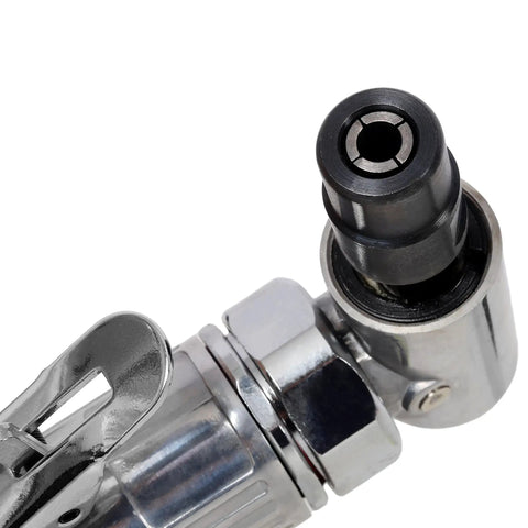 Close-up of the bendable 90-degree pivot head of Hella Versatile 1/4 Inch Air Angle Die Grinder with aluminum body.