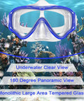 Kid Friendly Snorkel Set For Young Explorers With Anti Fog Mask Silicone Skirt Purge Valve Dry Splash Guard Adjustable Head Straps Clear Glass Junior Size For Ages 3 To 10 Dark Blue displayed against a vibrant underwater coral backdrop.