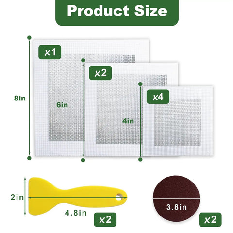 Drywall Repair Kit Eleven Piece Patch Set showing 4in, 6in, 8in patches, scraper, and sandpaper for plaster and sheetrock repair.
