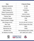 Built Tough 20 Amp 2 Pole Miniature Circuit Breaker 120 240V AC DIN Rail specifications image showing tripping characteristics and standards.