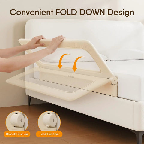 Foldable Toddler Bed Rail Guard With Reinforced Anchor Safety System For King Twin Full And Queen Beds Khaki 59 Inches Long By 21.6 Inches High With Kid Friendly Soft Peach Skin Fabric And Removable Washable Cover