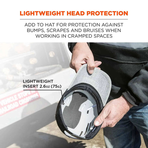 Person holding a Lightweight Universal Safety Bump Cap Insert That Fits Any Baseball Hat With Trim To Fit Design Breathable Polyethylene Shell Keeps Your Head Safe And Comfy Two Pack showing sizing inside a baseball hat.