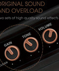 Close-up view of controls on Aroma Mini 5W Guitar Amp With Clean And Overdrive Channels, Rechargeable Portable Electric Guitar Amp AG 04.
