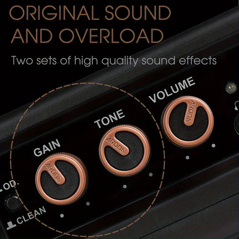 Close-up view of controls on Aroma Mini 5W Guitar Amp With Clean And Overdrive Channels, Rechargeable Portable Electric Guitar Amp AG 04.