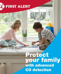 Children playing by window with First Alert logo and text 'Protect your family with advanced CO detection'