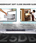 Six Pairs 21 Inch Undermount Soft Close Drawer Slides with Full Extension Ball Bearing Rails in use, highlighting quiet operation with 25DB noise level.