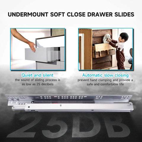 Six Pairs 21 Inch Undermount Soft Close Drawer Slides with Full Extension Ball Bearing Rails in use, highlighting quiet operation with 25DB noise level.