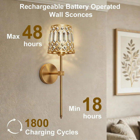 Gold Rechargeable Wireless Wall Sconces Set Of 2 With Remote Dimmable Accent Lamps Home Decor showing crystal lamps on wall.