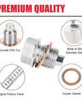 Magnetic Stainless Steel Oil Drain Plug M16 X 1.5 With Neodymium Magnet, CNC cut, includes cooper gasket and measuring tape