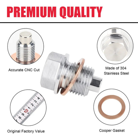 Magnetic Stainless Steel Oil Drain Plug M16 X 1.5 With Neodymium Magnet, CNC cut, includes cooper gasket and measuring tape