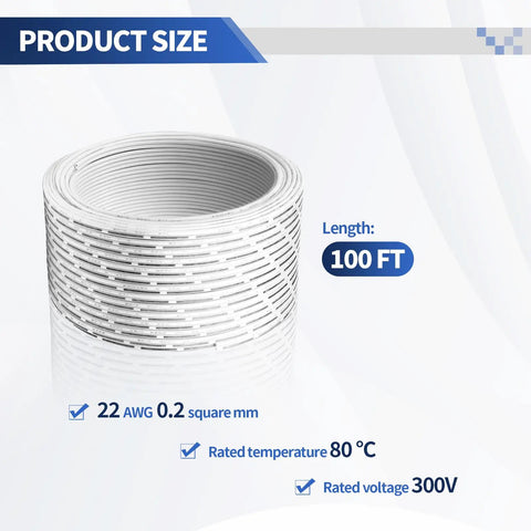 Coiled 100 Ft 22 AWG 2 Pin Universal Garage Door Wire For Sensors And Control Stations with white PVC insulation and specs display