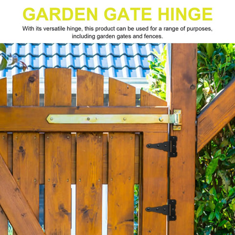 Heavy Duty Iron Gate Hinges Matte Black Farmhouse Style Two Pack T Shaped Decorative Outdoor Shed Door Hardware shown on a wooden gate.