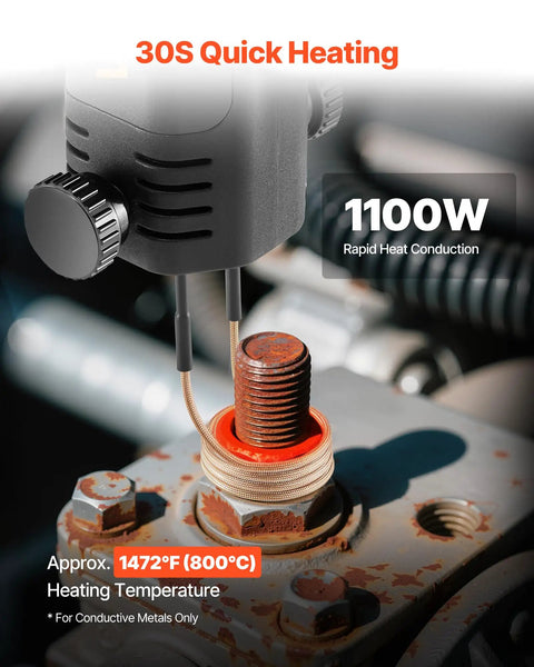 Induction Heater Bolt Removal Kit 1100W 110V handheld close-up on rusted bolt with coil heating element in action