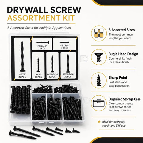 Drywall Screw Set 130 Piece Assortment With Six Sizes shown in clear storage case