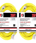 Two Pack 25 Foot Lighted Outdoor Extension Cord Beefy 12 Gauge SJTW Heavy Duty Yellow Cable With LED Indicator Lights