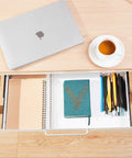 Under Desk Drawer Organizer 21 Inch White With Adjustable Brackets Sliding Pull Out Pencil Drawer with notebooks and pens