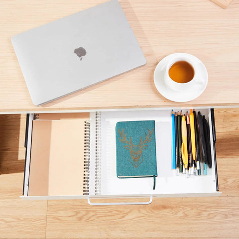 Under Desk Drawer Organizer 21 Inch White With Adjustable Brackets Sliding Pull Out Pencil Drawer with notebooks and pens