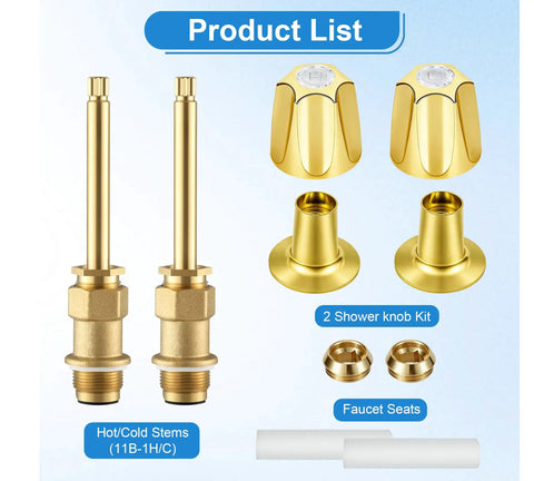 Gold Bathtub Shower Trim Kit For Price Pfister Valve with brass knobs, flanges, stems, and seats for easy DIY repair.