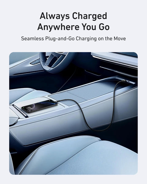 Upcycled Braided USB A To USB C Car Charger Cable 3Ft Black connected in car interior for seamless charging