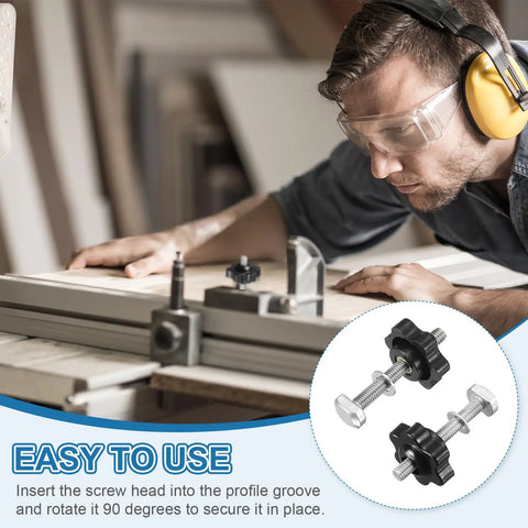 T Track Bolts Knob Kit Five Piece Pro Grade Set M5 x 40mm Bolts With Washers And Six Star Knobs Nuts For Woodworking Jigs And Fixtures Durable Stainless Steel Silver Black Finish used on a woodworking jig