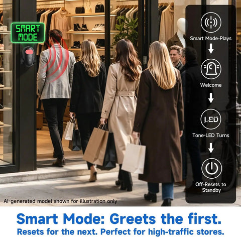 Wireless Indoor Motion Detector With Remote Control And Welcome Alarm Chime For Retail Shops, Offices, And Warehouses, Instant Entry Alerts When Customers Walk-In, Easy Setup, Battery Powered, Selectable Modes, Motion Sensor Alarm mounted in store entrance