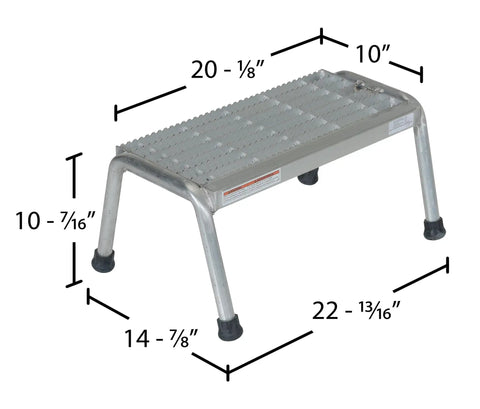 Heavy Duty Aluminum One Step Stand 500 Lb Capacity With Serrated Traction Surface, Rubber Tipped Legs, Silver, with dimensions