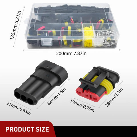 3 Pin Waterproof Electrical Connector Set for Cars, Trucks, Motorcycles and Marine Boats in storage case with labeled dimensions